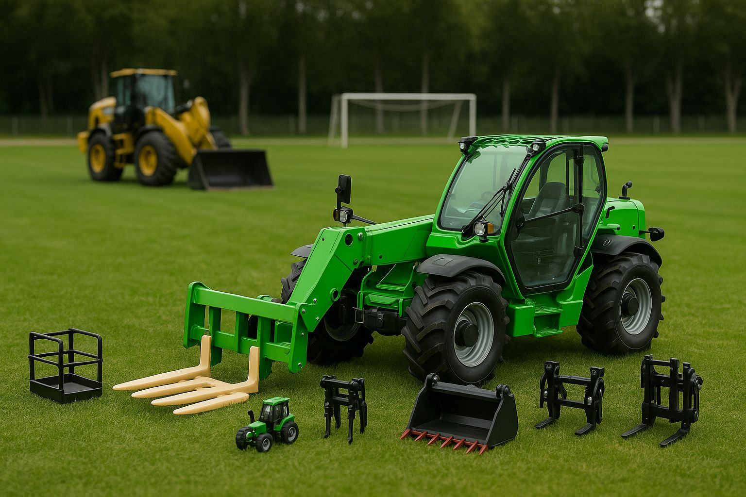 Nahaufnahme einer Hand, die auf einem Tablet online auf einen grünen Traktor bietet.